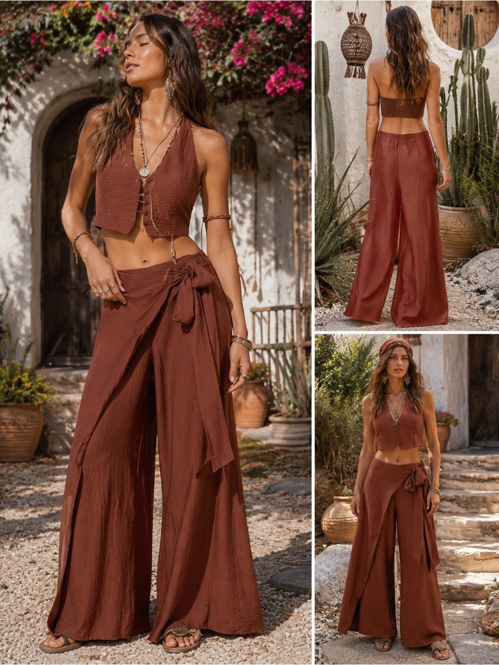 ZARA Rust Brown Wrap Overlay Wide Leg Pants High Waist Boho Palazzo Sz S NWT